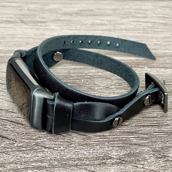 Double Wrap Black Leather Band for Fitbit Charge 5 Tracker Women Strap Bracelet - Picture 2 of 8